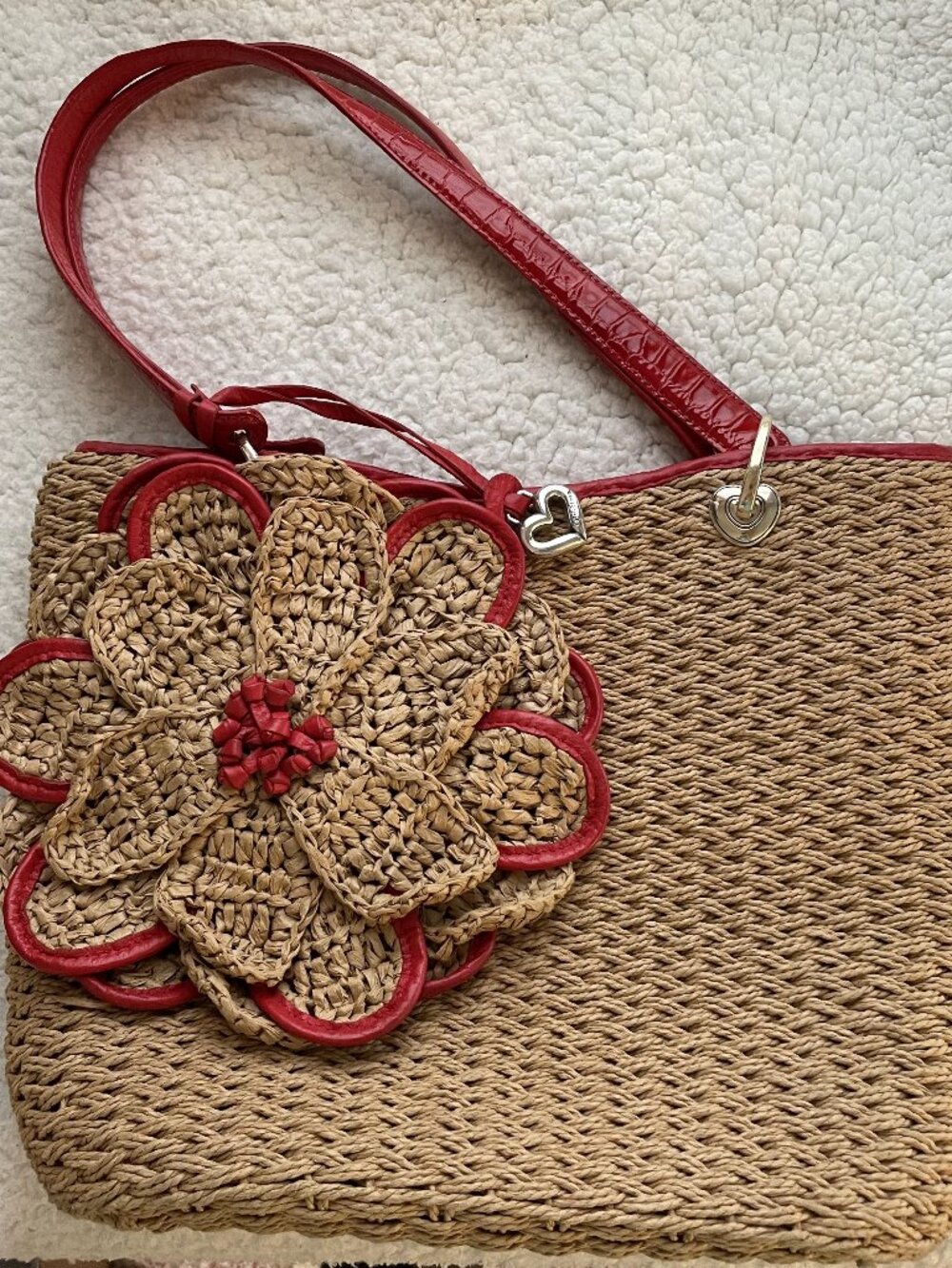 Brighton Woven Red Floral Straw Purse With Bandana Lining Magnetic Closure